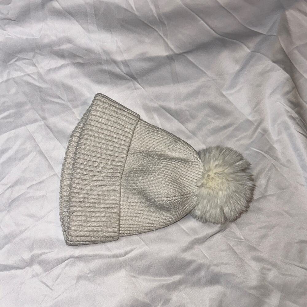 Vince Camuto Ivory Knit Hat with Fluffy Pom